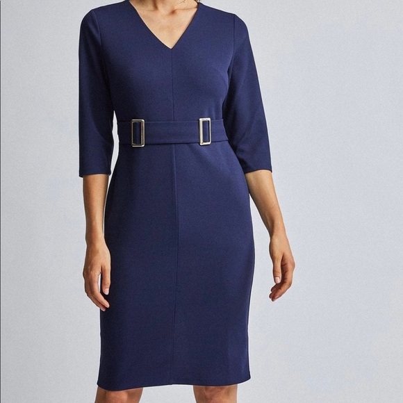 Navy buckle front pencil dress - Picture 3 of 3
